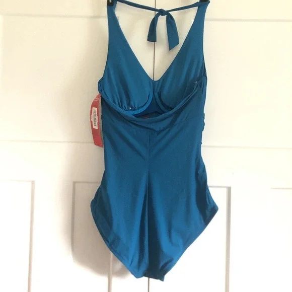 Spanx Halter Swimsuit One Piece Bayside Blue Shaping Slimming Belted Beauty - Picture 7 of 16